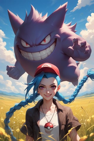 source_anime, score_9, score_8_up, score_7_up, gengar and jinx (league og legends), pokemon,   jacket, snaphat, clouds, field, , smile, perfect eyes,  aax, pokemon trainer