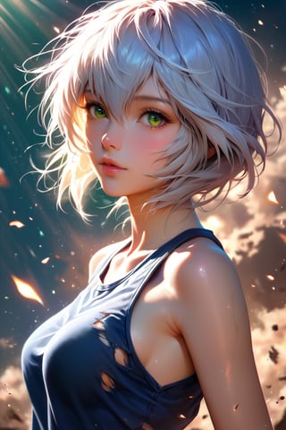 source_anime, score_9, score_8_up, score_7_up, 1_girls, ayanami_rei and white hair, green eyes,  tank shirt,  dust particles, sunlight, realistic, complex_background, detailed, ripped clothes, side boob, 