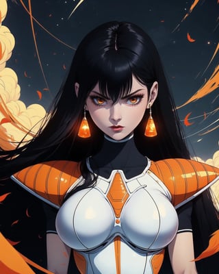 1 girl, raise arm, battle armor, full bodysuit, blue bodysuit, white gloves, white boots, orange pauldrons, earrings, dark sky, big breast, see-through ,1990s_(style), black hair, very long hair, floatin hair, floating debris, seriuos face, energy, magic, wind, ,r1ge, glowing, glowing eyes, unleashed, ,Kiryuuin Satsuki,sks, portrait, white eyes, furious, 