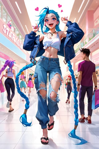 source_anime, score_9, score_8_up, score_7_up,  1girl, jinx (league of legends), sandals, harem pants,  tank shirt denim jacket, tied blouse, mall, shoping, happy, runing, aax, carring bags, seraphine, pink, heart, ripped clothes, 