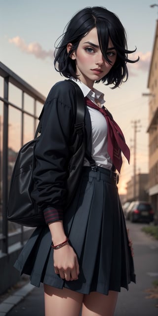 1 girl, matoi ryuuko, school uniform, black serafuku, suspender skirt,  school background, realistic, bad ass pose, young, 