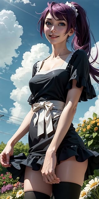 realistic, sh1, senjougahara hitagi, long hair, ponytail, black dress, pantyhose, tall girl, garden, flowers, blue sky, clouds, smile, close up