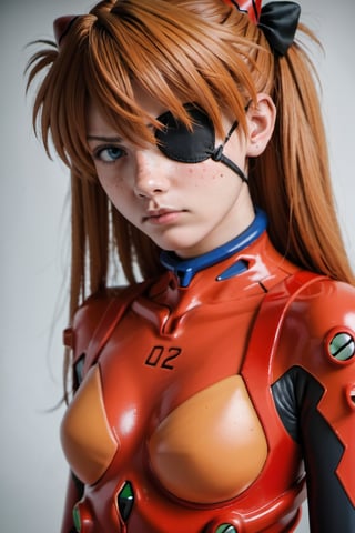 source_anime, score_9, score_6_up, score_5_up,   asuka_langley_souryuu,  freckles, medium portrait,  head_tilt, orange hair,  blue eyes, serious face, realistic, light,  german, RED plug suit, evangelion, eyepatch