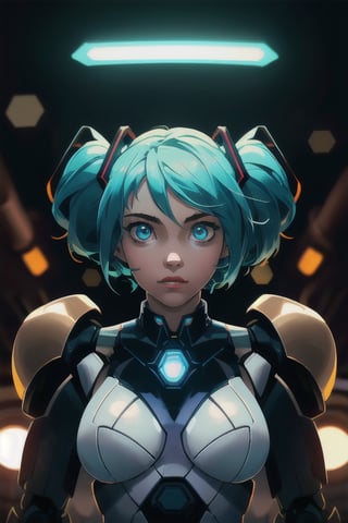 cgmech, beautiful eyes, upper body, underboob,  portrait, robot, armor, Hatsune Miku, neon light, 8K, RAW, best quality, masterpiece, ultra high res, colorful, (medium wide shot), (dynamic perspective), sharp focus , (depth of field, bokeh:1.3), extremely detailed eyes and face, beautiful detailed eyes,large breasts,(black gold, trimmed gear:1.2),(In a futuristic weapons factory:1.2), ((masterpiece, best quality)),  Detailed background, spaceship interior  