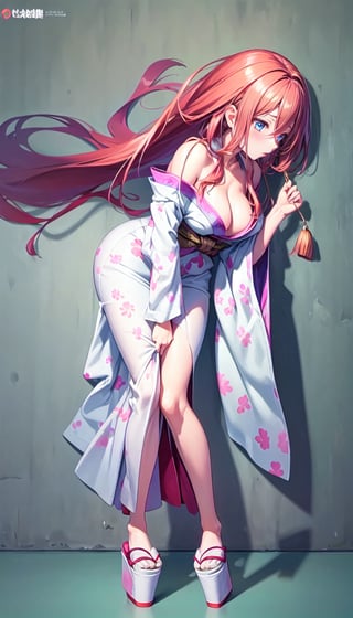 ((masterpiece, high resolution, best quality, best details, anime)), a lonely woman standing dressed as an oriental princess, ((platform high heels)), japanese clothes, long hair, red hair, blue eyes with black outline, curvy body, full body, large neckline, large breasts, wide hips, (((white background, white landscape))), ((shadow)), standing, solo, japanese accessories, japanese jewelry, sexy long loose kimono, kimono, long kimono, ((kimono with long train to the floor)),