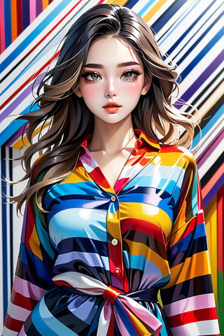 joined horizontal stripes of clothes form a woman, cinematic, illustration, 3d render, conceptual art, portrait photography, painting, photo, poster, fashion