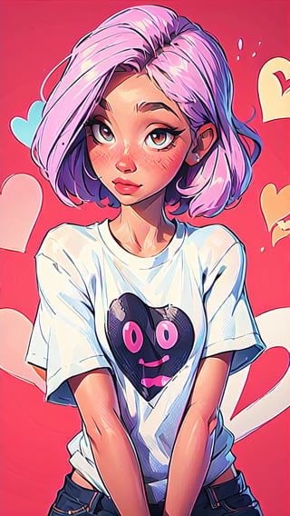 1girl,shitty t-shirt ,eyebrows,heart eyes,beautiful girl, blush