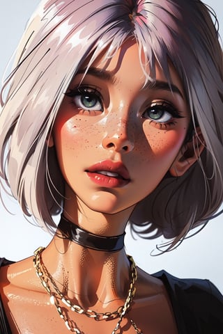 masterpiece, best quality,3d rending work ,3DMM style,close-up,portrait, 3D,1girl, solo, multicolored hair, gray hair, rose hair, necklace, freckles, jewelry, two-tone hair, looking to the side, realistic, upper body, simple background, bangs, looking away, short hair, parted lips, green eyes, lips, gothic, choker, makeup, mole, black shirt, shirt, watermark
