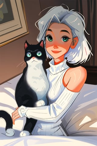 masterpiece, best quality, detailed faces and eyes, 1 girl, breasts, short hair, smile, sweater, turtleneck, ribbed sweater, blushing, one green eye, one blue eye, outline, white hair, smile, full body, ears cat, foxtail, white, bed, sweater, slim, cute face, one shoulder bare.,SAM YANG