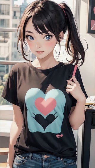 1girl,shitty t-shirt ,eyebrows,heart eyes,beautiful girl, blush