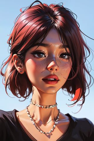 masterpiece, best quality,3d rending work ,3DMM style,close-up,portrait, 3D,1girl, solo, multicolored hair, rose hair, red hair, necklace, freckles, jewelry, two-tone hair, looking to the side, realistic, upper body, simple background, bangs, looking away, short hair, parted lips, black eyes, lips, gothic, choker, makeup, mole, black shirt, shirt, watermark