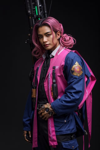 1male, (best quality,8K,highres,masterpiece, ultra-detailed, super colorful, vibrant, realistic, high-resolution), wide view, full picture head-to-toe, colorful portrait of an asian male with flawless anatomy, his left hand is detachable mechanical prosthetics hand, he is wearing a blue-coloured tactical kimono with no under-garment under it, baggy cargo pants, doctor marten's high boots, His tattoed skin is extremely detailed and realistic, with a natural and lifelike texture. ((His pink-colored wavy hair is tied in high-knot)) The background is black. The lighting accentuates the contours of his face, adding depth and dimension to the portrait. The overall composition is masterfully done, showcasing the intricate details and achieving a high level of realism,Hair,zzmckzz,Mecha body,mecha,mecha musume,kimono,BJ_Gundam,haman karn,Rabbit ear,urban techwear,tech