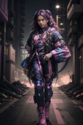1male, (best quality,8K,highres,masterpiece, ultra-detailed, super colorful, vibrant, realistic, high-resolution), wide view, full picture head-to-toe, colorful portrait of an asian male with flawless anatomy, his left hand is detachable mechanical prosthetics hand, he is wearing a blue-coloured tactical kimono with no under-garment under it, baggy cargo pants, doctor marten's high boots, His tattoed skin is extremely detailed and realistic, with a natural and lifelike texture. His pink-colored wavy hair is tied in high-knot. The background is black. The lighting accentuates the contours of his face, adding depth and dimension to the portrait. The overall composition is masterfully done, showcasing the intricate details and achieving a high level of realism,Hair,zzmckzz,Mecha body,mecha,mecha musume,kimono,BJ_Gundam,haman karn,Rabbit ear,urban techwear,tech,blessedtech