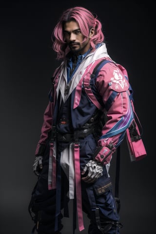 1male, (best quality,8K,highres,masterpiece, ultra-detailed, super colorful, vibrant, realistic, high-resolution), wide view, full picture head-to-toe, colorful portrait of an asian male with flawless anatomy, his left hand is detachable mechanical prosthetics hand, he is wearing a blue-coloured tactical kimono with no under-garment under it, baggy cargo pants, doctor marten's high boots, His tattoed skin is extremely detailed and realistic, with a natural and lifelike texture. His pink-colored wavy hair is tied in high-knot. The background is black. The lighting accentuates the contours of his face, adding depth and dimension to the portrait. The overall composition is masterfully done, showcasing the intricate details and achieving a high level of realism,Hair,zzmckzz,Mecha body,mecha,mecha musume,kimono,BJ_Gundam,haman karn,Rabbit ear,urban techwear,tech