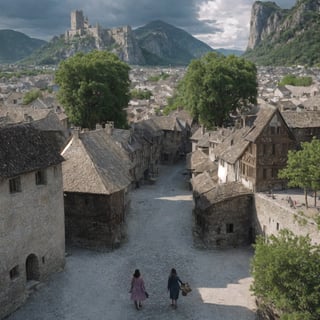 A woman, in a Medieval village buildings scene with busy streets and castle in the distance, clouds and mountains ,FFIXBG,High detailed ,no_humans