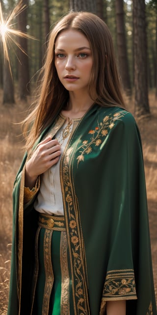 (((Masterpiece, highest quality, high definition, high detail)))), ((((Fantasy)))), one, (short white skirt embroidered with gold), (Blonde long straight hair), (Fine dark green eyes)))), (Green cloak armor with gold embroidery)), Big, (Strong wind), (Cast spells)), (A lot of glowing grains are flying), ((( A vortex of light gathers in the hand))), (((Magic circle of light densely drawn with geometric patterns and magic letters in the background))), ((Many glowing green arrows are released)), forest, magic circle reflected in cloak,Anigame,photorealistic