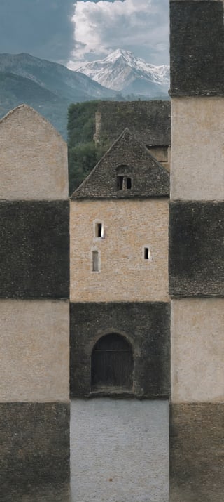 A woman, in a Medieval village buildings scene with busy streets and castle in the distance, clouds and mountains ,FFIXBG,High detailed ,no_humans