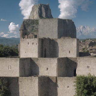 A woman, in a Medieval village buildings scene with busy streets and castle in the distance, clouds and mountains ,FFIXBG,High detailed ,no_humans