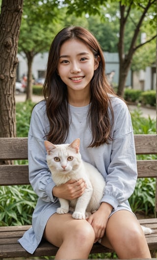 1 girl, most beautiful korean girl, stunningly beautiful girl, gorgeous girl, 18yo, over sized eyes, big eyes, smiling, looking at viewer, A woman is sitting on a bench with her legs crossed and an Cat resting on her lap. She is smiling at the camera, giving off a relaxed vibe. The setting Cats to be outdoors, possibly in front of a building or near some trees.,AIDA_LoRA_valenss,