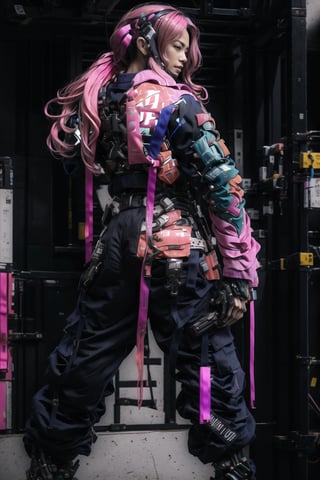 1male, (best quality,8K,highres,masterpiece, ultra-detailed, super colorful, vibrant, realistic, high-resolution), wide view, full picture head-to-toe, colorful portrait of an asian male with flawless anatomy, his left hand is detachable mechanical prosthetics hand, he is wearing a blue-coloured tactical kimono with no under-garment under it, baggy cargo pants, doctor marten's high boots, His tattoed skin is extremely detailed and realistic, with a natural and lifelike texture. ((His pink-colored wavy hair is tied in high-knot)) The background is black. The lighting accentuates the contours of his face, adding depth and dimension to the portrait. The overall composition is masterfully done, showcasing the intricate details and achieving a high level of realism,Hair,zzmckzz,Mecha body,mecha,mecha musume,kimono,BJ_Gundam,haman karn,Rabbit ear,urban techwear,tech