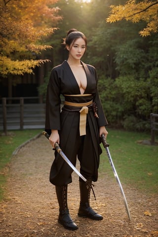 Realistic photography cinematic still 1 women, samurai, perfect body perfect shape, protruding pecs, stubbles, japanese samurai clothing, black_hair, brown eyes, Hair tied back, few locks of hair hang down on the forehead, katana at waist, maple leaf scattered in the air, wind, dynamic angle, Masterpiece,  Intricate details,  hdr,  depth of field,  (full body view),  Portrait, open cloth, take off top cloth to waist, show chest, show abs, body hair, hairy chest,best quality