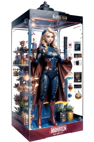 character design panel strip of a fully articulated miniature figurine, karina, as a superhero, huge-breasted, wearing iron man suit, in captain America's red white and blue colour scheme, Thor's red cape, complete with all accessories, holding weapons, white background, with info graphics, with a box, perfecteyes,inboxDollPlaySetQuiron style,no humans,doll,KnollingCaseQuiron style