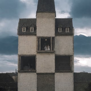 A woman, in a Medieval village buildings scene with busy streets and castle in the distance, clouds and mountains ,FFIXBG,High detailed ,no_humans