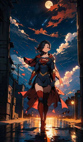 ((Masterpiece, highly detailed, extremely detailed, beautiful, HD)), 1lady, area lighting, hourglass_figure, HD, 8k, ((supergirl)), long_cape, (knight black armor), black_hair, blue eyes, full body, cloud, open fields, moon, night, stars. 