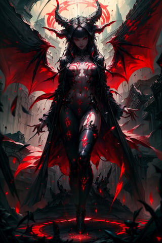 Masterpiece, ultra hd, 8k, hdr, dynamic, hype realistic, perfect hands:1.2, detailed background, finely detailed body, One female demon, wings, (dark red eyes), long black hair, bangs, hair_past_waist, straight_hair, perfect figure, (bare breasts, nude), ((red-colored apparel, often in the form of long, two-tailed coats)), depth_of_field, (solo), GlowingRunes_red, magical circle background, ((full_body))