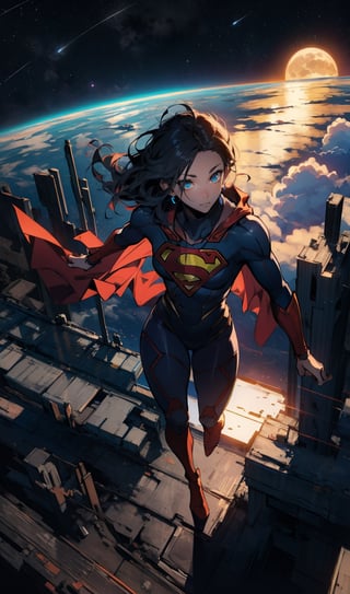 ((Masterpiece, highly detailed, extremely detailed, beautiful, HD)), 1lady, area lighting, hourglass_figure, HD, 8k, ((supergirl)), long_cape, (knight black armor), black_hair, blue eyes, full body, cloud, flying, levitating, sky, zero gravity, view from above looking down, moon, night, stars, looking down. 