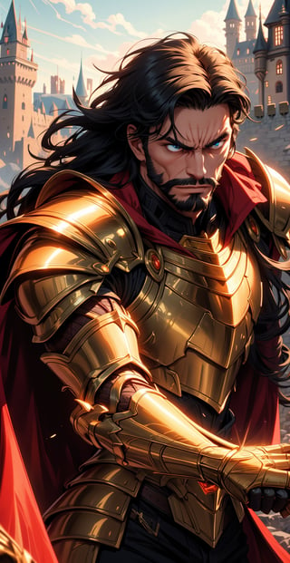 An man, long black hair, facial_hair, bread:1.3, bangs, (angry look), golden armor, lower body knight armor, shoulder_cape, (golden gauntlet), strong physique, detailed armor, masterpiece, best quality, high detailed, ultra-detailed, (medium portrait), ((slim muscular body)), ((castle on a mountain)), best illustrated,worldoffire