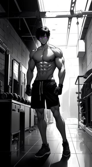 Muscular man body, shirtless, (slim body), (black hair), black gym shorts, fingerless gloves, clinching fist, (purple eyes), short textured french crop with taper fade, bangs, black hair, (glowing eyes), full-body_portrait, ((black and white)), ((B&W)), slim body, 