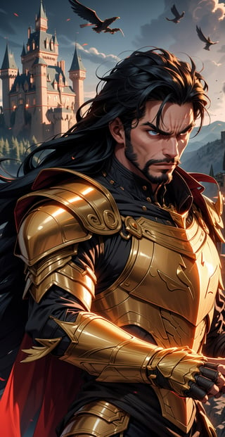 An man, long black hair, facial_hair, bread:1.3, bangs, (angry look), golden armor, lower body knight armor, shoulder_cape, (golden gauntlet), strong physique, slim muscular body, bodybuild, detailed armor, masterpiece, best quality, high detailed, ultra-detailed, (medium portrait), ((slim muscular body)), ((castle on a mountain)), best illustrated,worldoffire