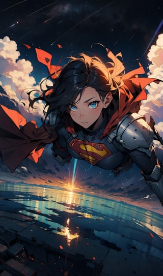 ((Masterpiece, highly detailed, extremely detailed, beautiful, HD)), 1lady, area lighting, hourglass_figure, HD, 8k, ((supergirl)), long_cape, (knight black armor), black_hair, blue eyes, full body, cloud, flying, levitating, sky, zero gravity, view from above looking down, moon, night, stars, looking down. 