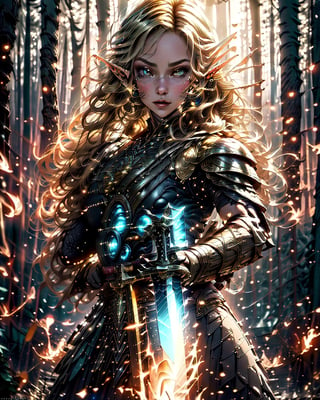 (1girl), (beautiful elf woman), paladin, large shield, paladin armor, very large sword in hand, fire particles floating around, battlefield, action position, dynamic position,High detailed, (yellow theme:1.2),forest_elf