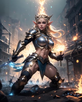 (1girl), (beautiful elf woman), paladin, large shield, paladin armor, very large sword in hand, fire particles floating around, battlefield, action position, dynamic position,High detailed,glitter, highres, shiny