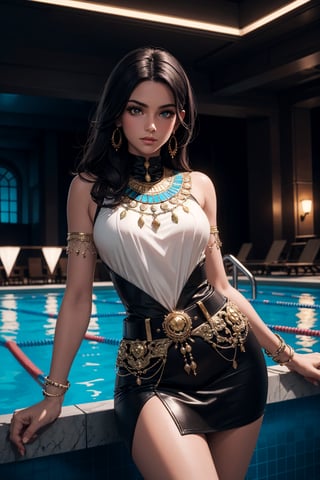 Full-length portrait of a young, thin, fit morrocan girl, wearing a futuristic egyptian outfit inspired by buck rogers, mini skirt with slits on the sides and gadgets on the belt with neon highlights, trendy jewelry, hyperrealistic detailed face, clear realistic eyes, dynamic pose, womancore Michael Garmash, Daniel F. Gerhartz, strybk style, warm dreamy lighting, at an elegant swimming pool, volumetric lighting, pulp adventure style, liquid acrylic, dynamic gradients, bold color, illustration, highly detailed, simple, smooth and clean vector curves, vector art, smooth, Johan Grenier, character design, 3d shading, cinematography, ornate motifs, elegant organic framing, hyperrealism, posterized, collection of masterpiece, bold colors