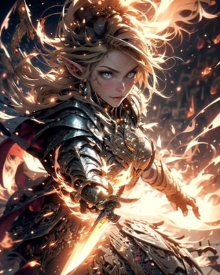 (1girl), (beautiful elf woman), paladin, large shield, paladin armor, very large sword in hand, fire particles floating around, battlefield, action position, dynamic position,High detailed, (yellow theme:1.2)