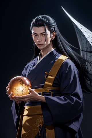 sharp focus, dynamic, (natural skin texture, hyperrealism:1.25), (skinny:1.25), A man is eating a glowing glass sphere, suguru getou , dinamic pose, long dinamic hair, strong wind, low angle, pale skin, crazy looking at viewer, staring, upper body, stage background, long kimono, . ,anime,getou,black hair