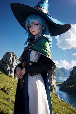 sharp focus, dynamic, (natural skin texture, hyperrealism:1.25), (skinny:1.25), blue eyes, dinamic pose, dinamic hair, strong windy day, long blue hair, using a powerfull spell, low angle, pale skin, lazy smile, shy looking at viewer, staring, upper body, big green landscape, sunny day, wizard hat, wizard cape.,anime