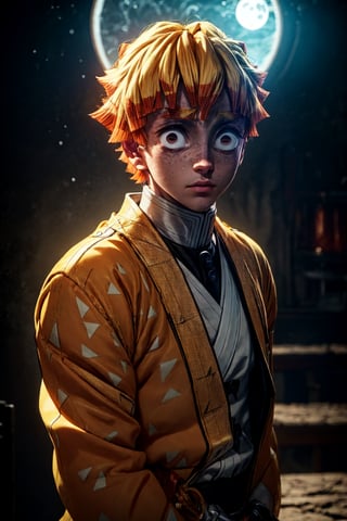 sharp focus, dynamic, (natural skin texture, hyperrealism:1.25), (skinny:1.25),portrait of Zenitsu, 1boy , glowing eyes, white moonlight, looking at viewer, serius face, empty look, dinamic pose, dinamic hair, strong wind, orange hair-streaks, very low angle, looking at camera, pale skin, staring, upper body, big white-moon background, perfecteyes, *see the examples*,r1ge,flaming eye, yellow clothes, electricity, electric strikes ,bangs,agatsuma_zenitsu,weapon,*see the examples*,constricted pupils