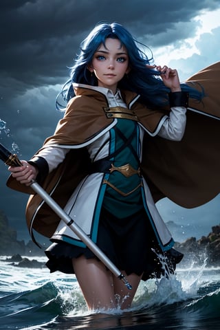 sharp focus, dynamic, (natural skin texture, hyperrealism:1.25), (skinny:1.25), girl summoning a strong water storm,blue eyes, dinamic pose, dinamic hair, strong windy day, long blue hair, using a powerfull spell, low angle, pale skin, lazy smile, shy looking at viewer, staring, upper body, big green landscape, long brown wizard cape. very long magic wand,anime