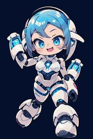 chibi, centered, full body, digital art, | dark blue hair, dark blue eyes, cute, cute female, cute robot, female cute robot, robot, mascot, confident smile, action pose, chibi, metal, white and blue futuristic armor, neon lights, | (white background:1.2), simple background, | (symetrical),chibi style,cls_chibi,Niji Emote,QRobot,colorfulmix