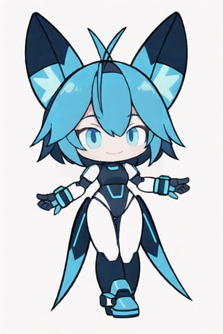 chibi, centered, full body, digital art, | dark blue hair, dark blue eyes, female cute robot, confident smile, antenna, holding helmet, fox ears, action pose, chibi, metal, white and blue futuristic armor, neon lights, | (white background:1.2), simple background, | (symetrical),chibi style