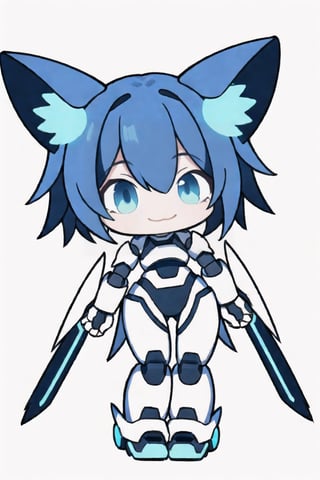 chibi, centered, full body, digital art, | dark blue hair, dark blue eyes, female cute robot, confident smile, fox ears, action pose, chibi, metal, white and blue futuristic armor, neon lights, | (white background:1.2), simple background, | (symetrical),chibi style