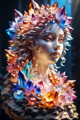 Colorful crystal cluster with light melding together to forming a human female face and chest, skin made out of crystal formations, living crystal. photo, studio lighting, Sony A7, 35mm, best quality, masterpiece, 8k, UHD, hyper-realistic, big depth of field, concept art, colors, hyperdetailed, hyperrealistic, (big depth of field), (ambient light), ((cinematic))