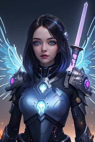 zoomed in image of an extremely gorgeous girl, ((glowing hair)), glowing fantasy sword, flying over a spaceship, with glowing blue eyes, angelic wings, ((very detailed armor)), blue fire in the background and on her, ((cyberpunk background)) ((Masterpiece)), ultra graphics,