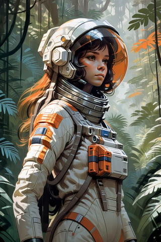 waist-up "female Astronaut in a Jungle" by Syd Mead, broken helmet tangerine cold color palette, muted colors, detailed, 8k