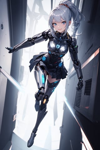 absurdres, highres, ultra detailed,smile,cyborg mechanical girl, (silver　metallic mechanical full body),blue hair in ponytail,white checked mini skirt,dynamic angle