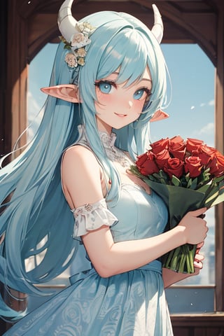 masterpiece, absurdres, highres,best quality, ultra detailed,Holding a bouquet of red and white roses,smile,Girl, Long hair ((light blue color:1.3)), Blue eyes, black 2 horns, elf-ears, delicate skin,(antique pattern,arabesque pattern, red chaina dress), dynamic angle,BREAK,Design an image featuring beautiful calligraphy, with expressive lettering, elegant flourishes, and a sense of craftsmanship and skill,